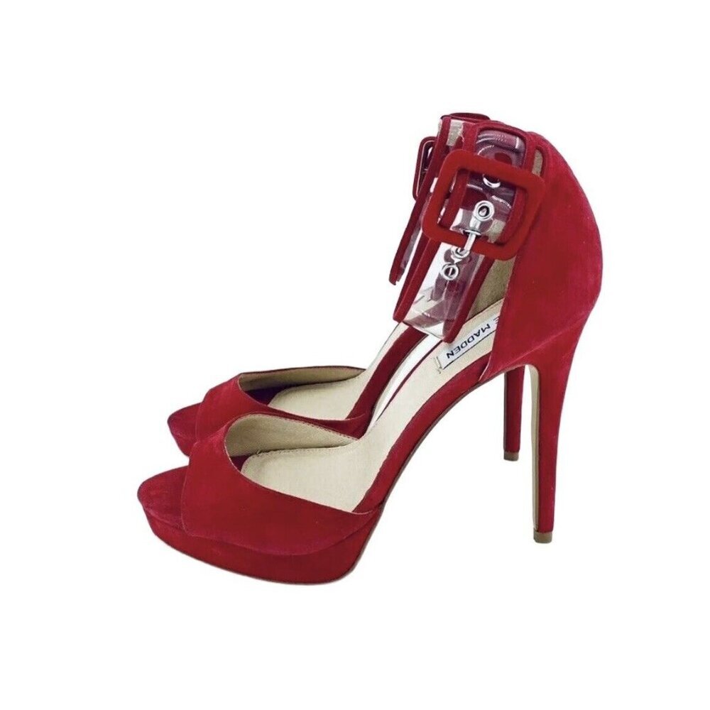 Steve Madden Red Shoes Suede Leather Platform Pump Ankle Strap Sz 9 New - Picture 2 of 12